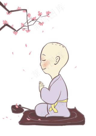 梅花树下打坐的可爱小和尚