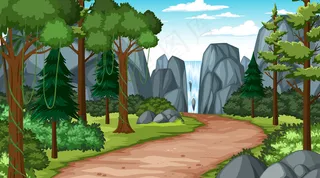 步道穿过森林进入瀑布景观场景