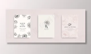 带有花卉手绘矢量的婚礼邀请卡。