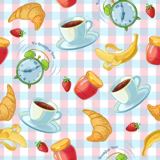 咖啡杯羊角面包闹钟和桌布上的果酱的平面隔离图案