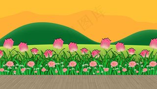 花田和绿草与山背景在日落时间