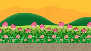 花田和绿草与山背景在日落时间