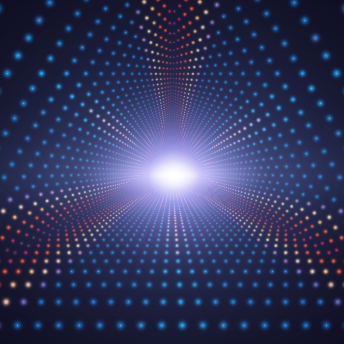 黑暗背景下彩色圆形的矢量无限三角形隧道。球体形成隧道扇区。