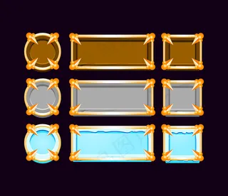 一套gui木、石、冰按钮，带有中世纪金色边框框架，用于游戏ui资产元素