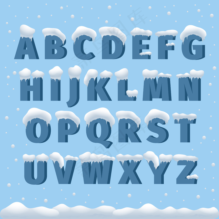 冬季矢量字母与雪。字母abc，冰冷字体，季节霜冻字体，排版或排版。冬季字母矢量图eps,ai矢量模版下载