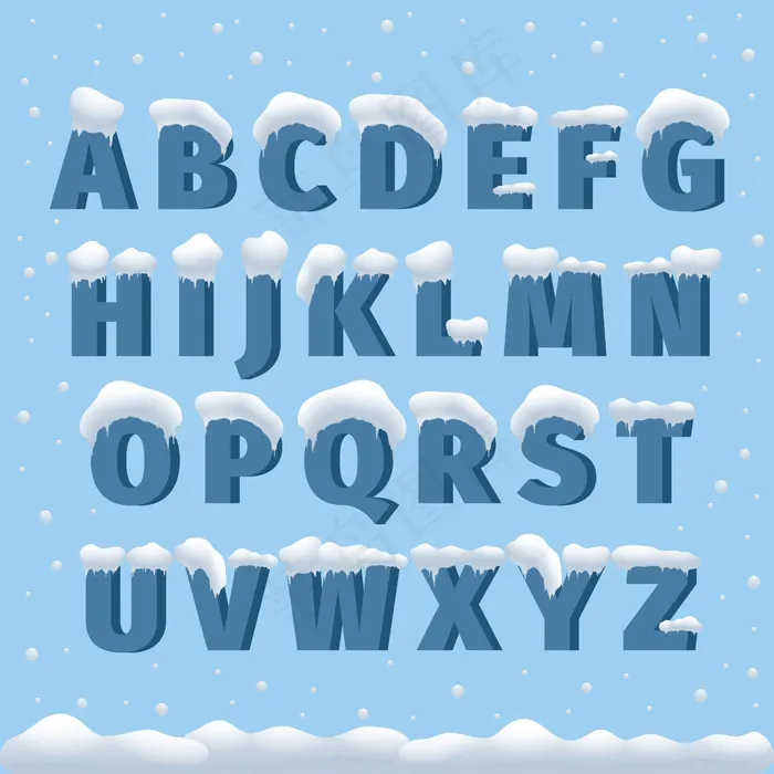 冬季矢量字母与雪。字母abc，冰冷字体，季节霜冻字体，排版或排版。冬季字母矢量图eps,ai矢量模版下载