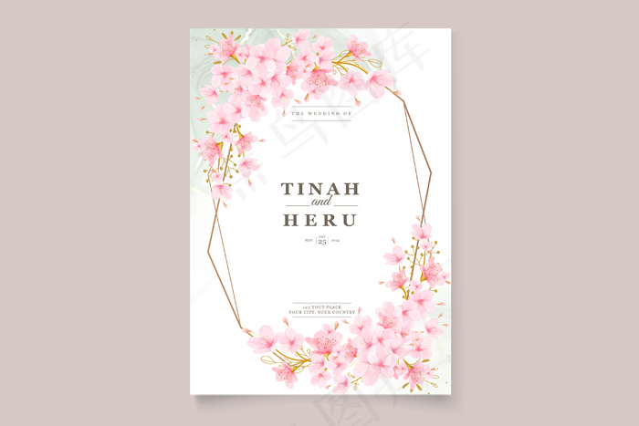 水彩樱花花卉和树叶卡套