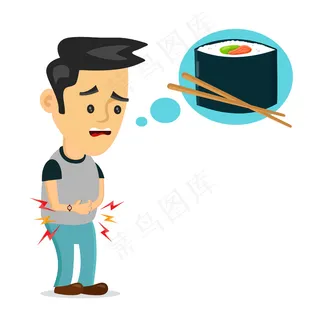 受苦的年轻人很饿。想想食物，快餐，寿司卷。平面卡通插画设计。孤立在白色的背景上。饥饿，寿司概念