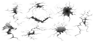 地震裂缝。毁坏的墙壁，地面上的洞和破坏的裂缝插图集