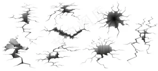 地震裂缝。毁坏的墙壁，地面上的洞和破坏的裂缝插图集