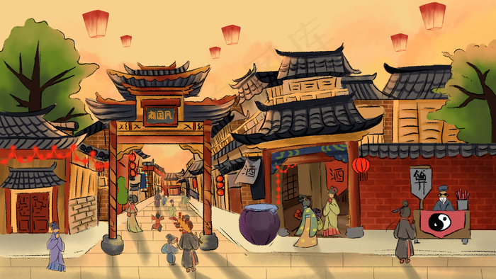 新中国风古建筑古风街道逛街(2880*1620px 300 dpi )psd模版下载