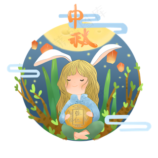 中秋商用少女赏月祈福手绘唯美中