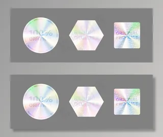 白色的圆形全息图标签。几何全息标签获奖，产品保证，贴纸设计。全息贴纸收藏。高品质全息贴纸套装。