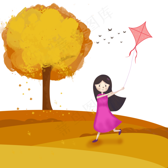 秋游秋分出游小女孩放风筝免抠