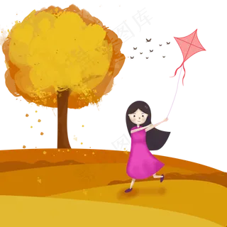 秋游秋分出游小女孩放风筝免抠