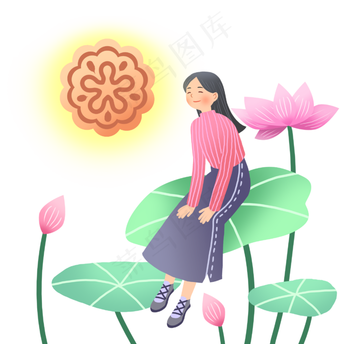 中秋节坐在荷叶女孩(3000X3000(DPI:300))psd模版下载
