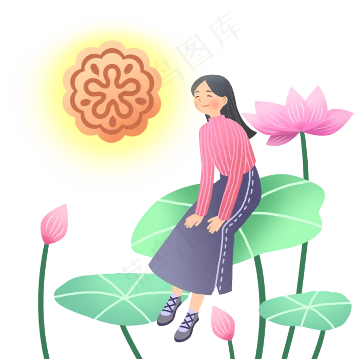 中秋节坐在荷叶女孩(3000X3000(DPI:300))psd模版下载