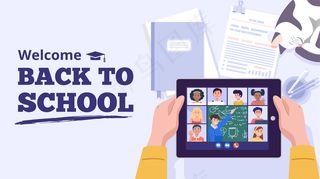 回到学校的概念。在家里用电脑学习的男孩。矢量