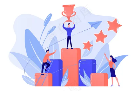 商人把杯子放在柱状图上。成功的关键和成功的故事，商业机会，成功的道路上白色背景的概念。