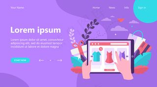 平板电脑平面矢量插图网上商店页面。客户或买家手持移动设备选择衣服。商业网站与购物理念