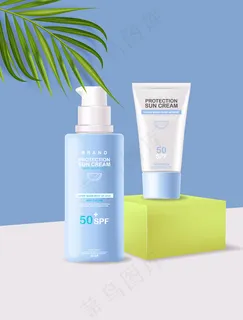 防晒霜瓶3d逼真隔离,几何场景,防晒霜,SPF50夏季化妆品插图 防晒霜瓶3d逼真隔离,几何场景,防晒霜,SPF50夏季化妆品插图