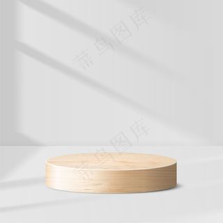 具有几何形式的抽象极小场景。带叶子的圆筒形木制讲台。产品介绍。讲台、舞台基座或平台。三维