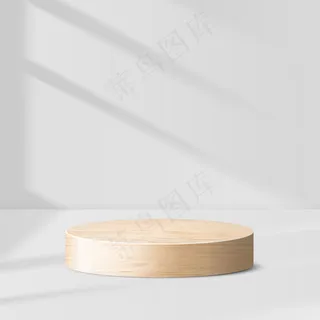 具有几何形式的抽象极小场景。带叶子的圆筒形木制讲台。产品介绍。讲台、舞台基座或平台。三维
