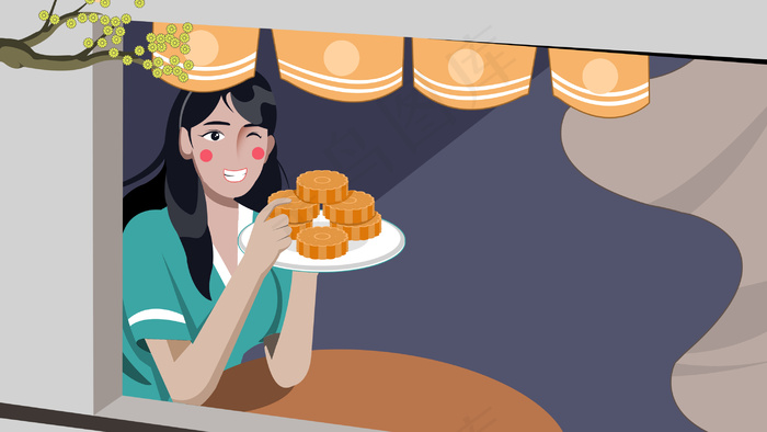 中秋阳光女孩吃月饼清新插画中秋
