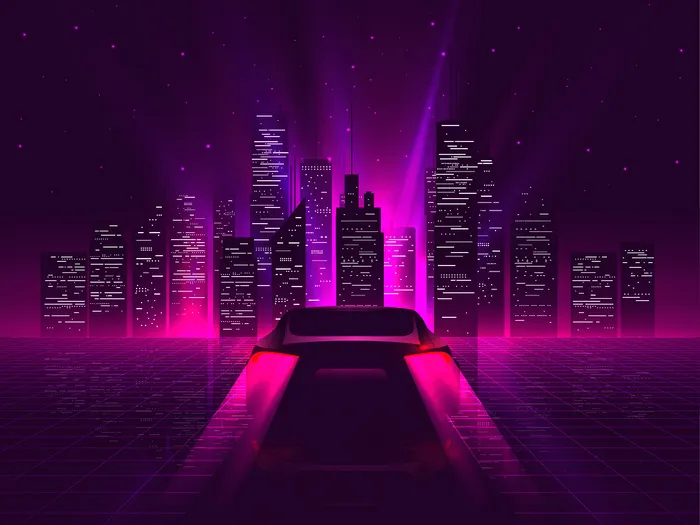背面跑车轮廓与霓虹灯发光红色尾灯骑在夜间高速与城市景观的背景。超越或蒸发复古未来主义美学。eps,ai矢量模版下载