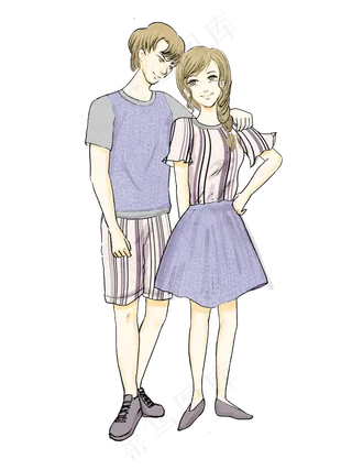 身穿情侣装深情对视的男孩女孩