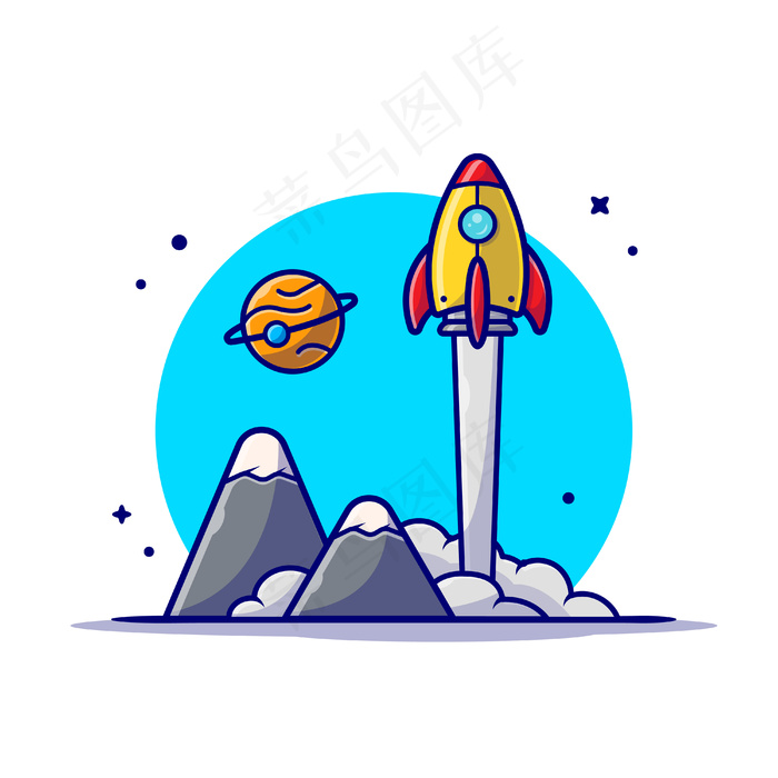 航天飞机起飞与行星和山地空间卡通图标插图。eps,ai矢量模版下载