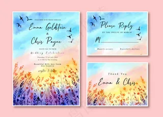 水彩婚礼请柬与日落景观和鸟类