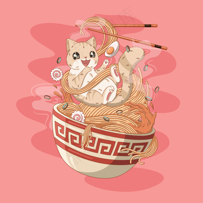 猫爱拉面插画eps,ai矢量模版下载
