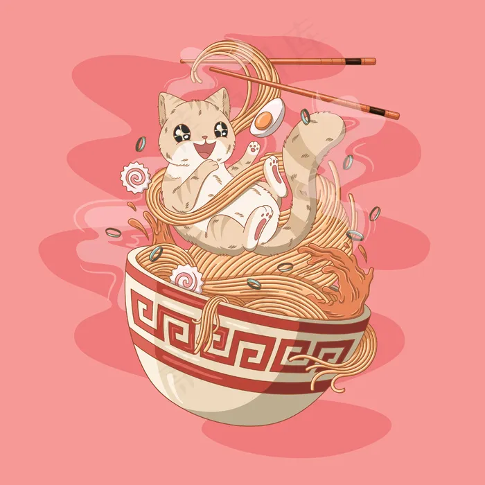 猫爱拉面插画eps,ai矢量模版下载
