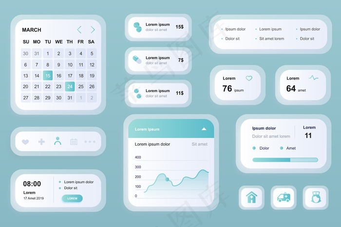 医学手机app移动应用程序app的Gui元素eps,ai矢量模版下载