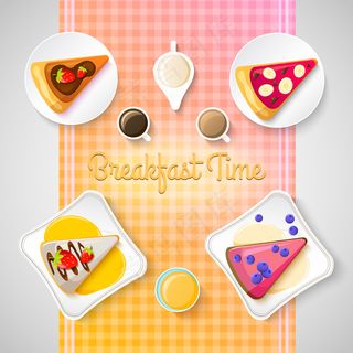 甜美的早餐模板，蓝色插图上有美味的馅饼和不同的配料