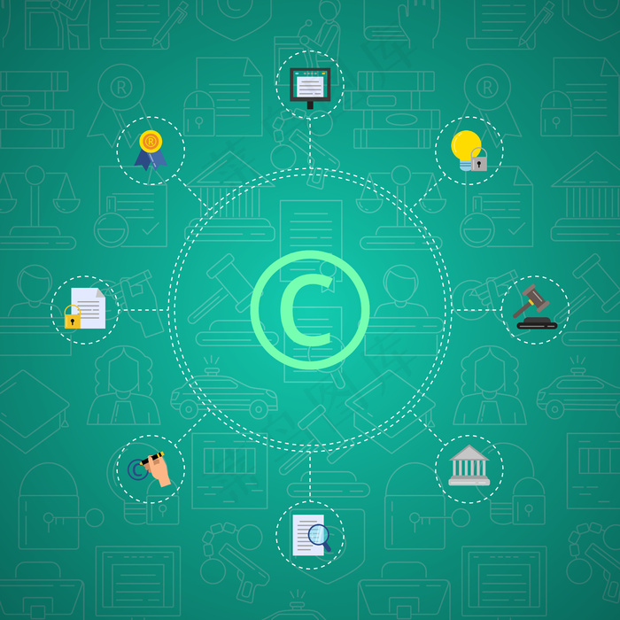 平面风格版权元素信息图表渐变背景与线性版权图标。