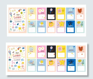 生日快乐挂历。年度计划员有所有的月份。良好的组织和日程安排。可爱的孩子涂鸦插图，刻有励志和灵感语录。背景