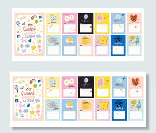 生日快乐挂历。年度计划员有所有的月份。良好的组织和日程安排。可爱的孩子涂鸦插图，刻有励志和灵感语录。背景