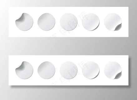 贴纸套装。圆形标签，带有弯曲的拐角和白色背景上的阴影。插图收集