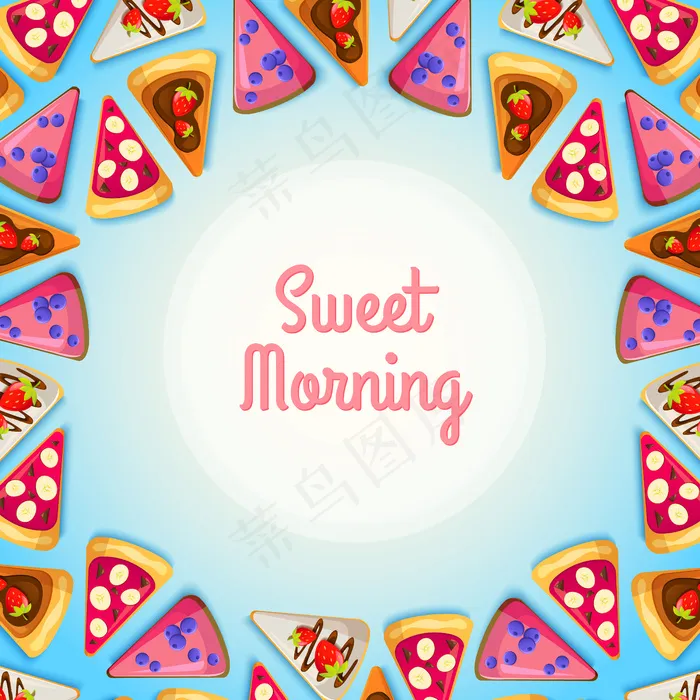 甜美的早餐模板，蓝色插图上有美味的馅饼和不同的配料eps,ai矢量模版下载