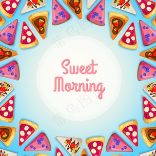 甜美的早餐模板，蓝色插图上有美味的馅饼和不同的配料
