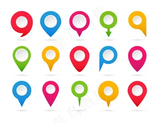 一组彩色指针。地图标记的集合。导航和位置图标。