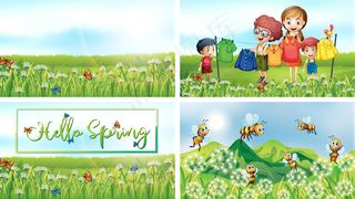 公园里有孩子和动物的四个场景