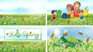 公园里有孩子和动物的四个场景