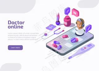 等轴测医生在线矢量图。