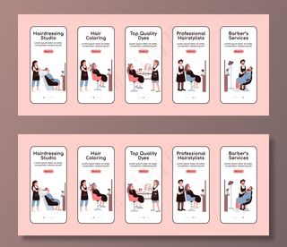 美发沙龙入职手机app移动应用程序屏幕模板。理发店服务。使用角色演练网站步骤。ux，ui，gui智能手机卡通界面，手机壳打印套装