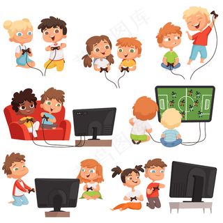 视频游戏。人民儿童男孩和女孩控制台与控制器游戏手柄游戏板有趣的孩子