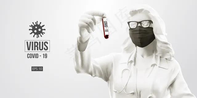 新型冠状病毒。在黑色背景上戴着黑色面具的女人。