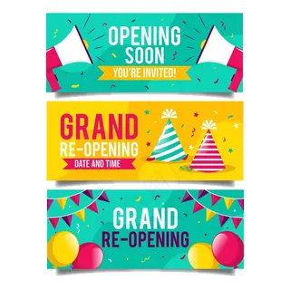 盛大的重新开放的旗帜banner与气球和党的帽子